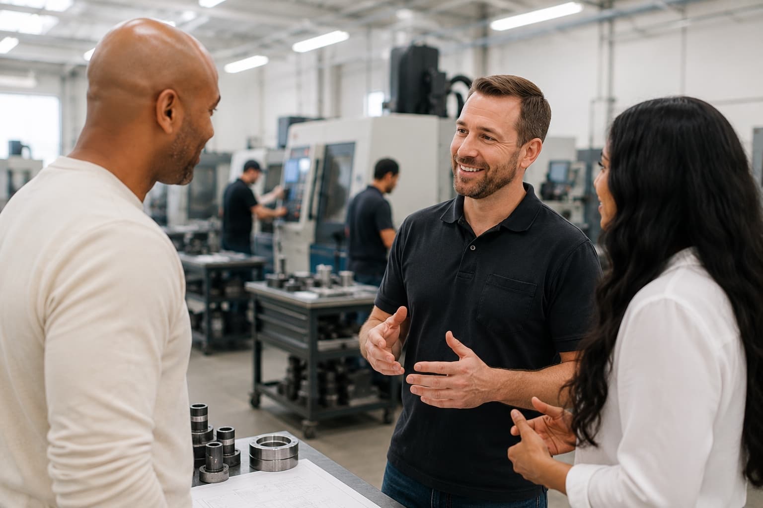 Omar and Alex Diaz speaking with a manufacturer on the factory floor.